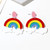 Rainbow earrings hung from pink studs on posts