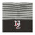 close up of NZ embroidered design on Grey and black striped New Zealand beanie with pom pom