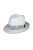 White fedora with blue and white paisley ribbon detail