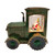 Santa driving a green tractor with light and swirling glitter