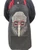 Black apron modelled with large kiwi bird in knitted beanie and red sunglasses, with red neck straps
