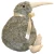 Grey-brown plush kiwi bird soft toy with long beak, cream feet and gold ribbon