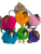 Group of six colourful New Zealand kiwi pom-pom keyrings with wooden faces and dangly legs