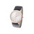 black strap watch with white face and rose gold features