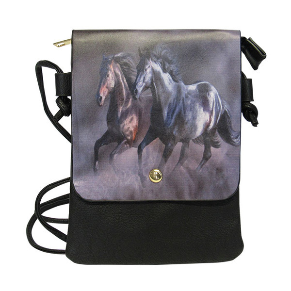 black shoulder bag with a print of a pair of horses on the front