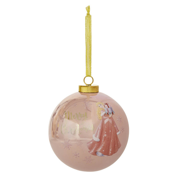 Disney Collectable Christmas Bauble :Aurora from Sleeping Beauty on pink bauble with Merry Christmas