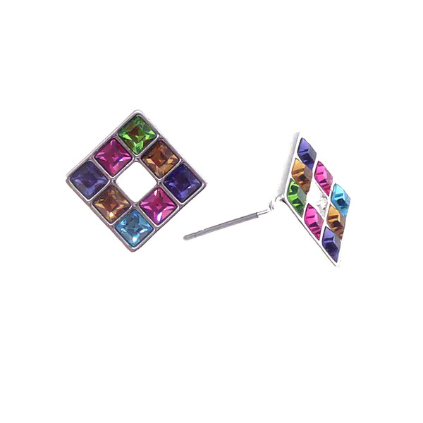 Square stud earrings with multi-coloured crystals 