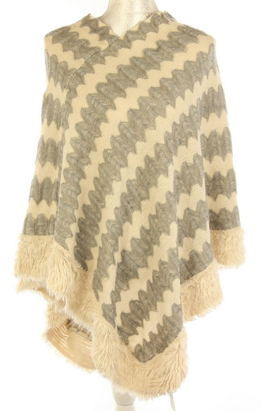 fluffy edge poncho with pattern - cream