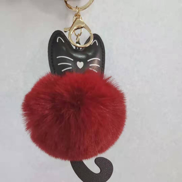 Fluffy fur ball kitten key ring - deep red