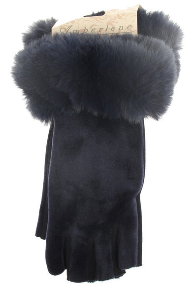 Velvet fingerless gloves with faux fur trim - navy colour