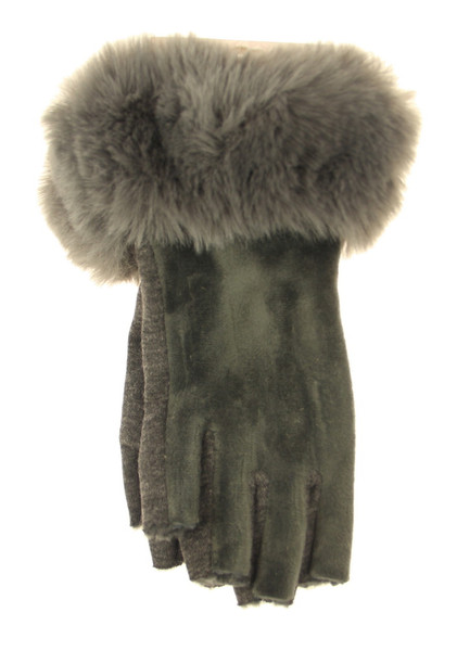 Velvet fingerless gloves with faux fur trim - grey