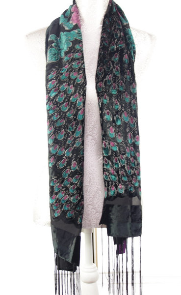 Art Deco Style Peacock pattern Burnout scarf - Green