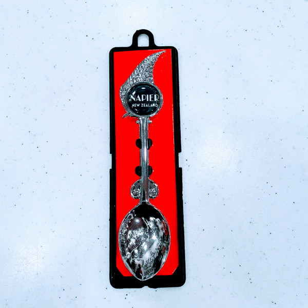 Napier NZ art deco style teaspoon with fern and map of NZ