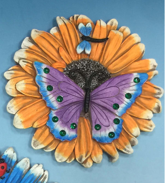 Wall hanging handpainted cement butterfly on round orange flower