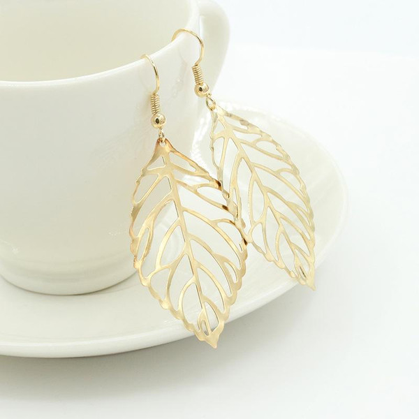 Lightweight hollow leaf earring on hook-Gold Colour