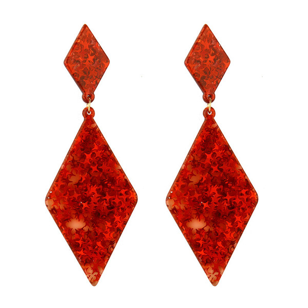Acrylic Glitering Parallelogram shape Earrings on post -Red Colour
