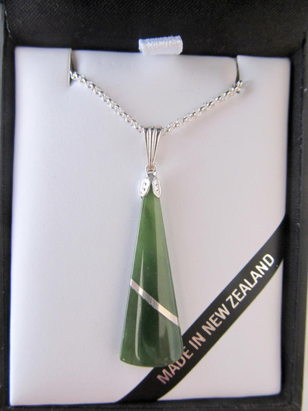 New Zealand Greenstone pendant with diagonal sterling silver thread