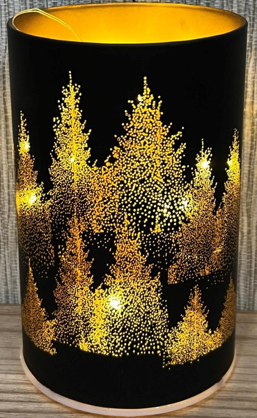 Light up LED decorative glass lamp with gold coloured conifers