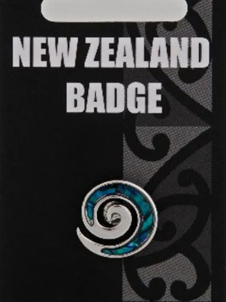 Blue NZ Paua Koru shaped badge / lapel pin