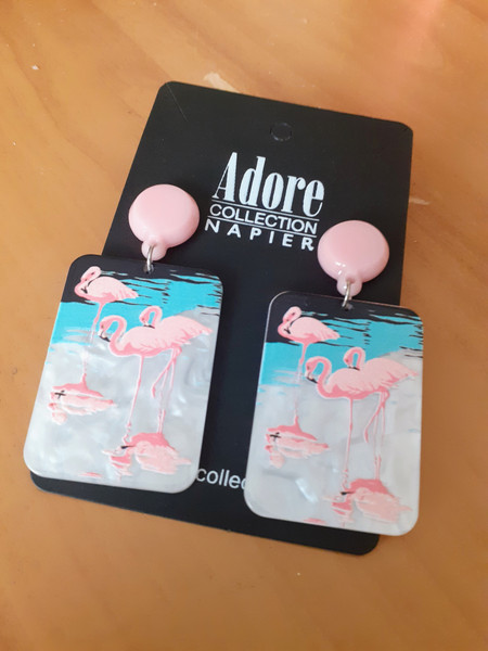 Pink Flamingo oblong acrylic scene hung from pink stud earrings on posts