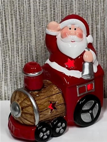 Santa on train christmas ornament with LED lights approx 11cm tall