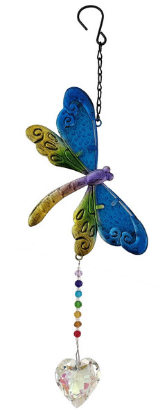 hanging blue, purple and green dragonfly with heart shaped crystal