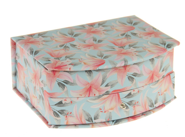 Curved front jewellery box with pink flower pattern on pale blue