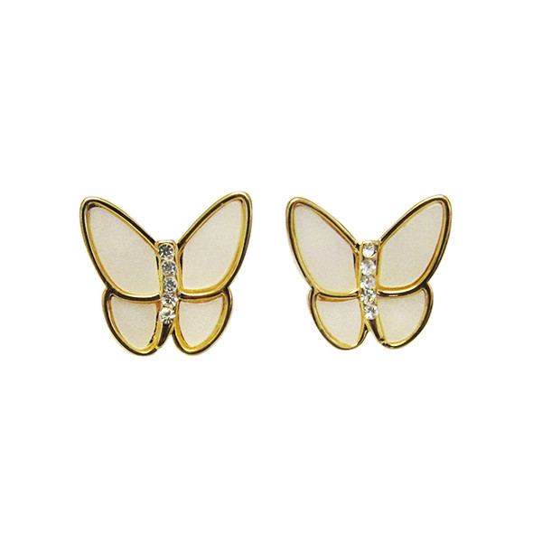 butterfly stud earring - cream with diamante and gold coloured edge