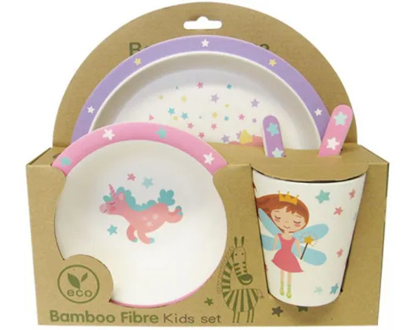 Fairy and Unicorn bamboo fibre kids round plate and tumbler set