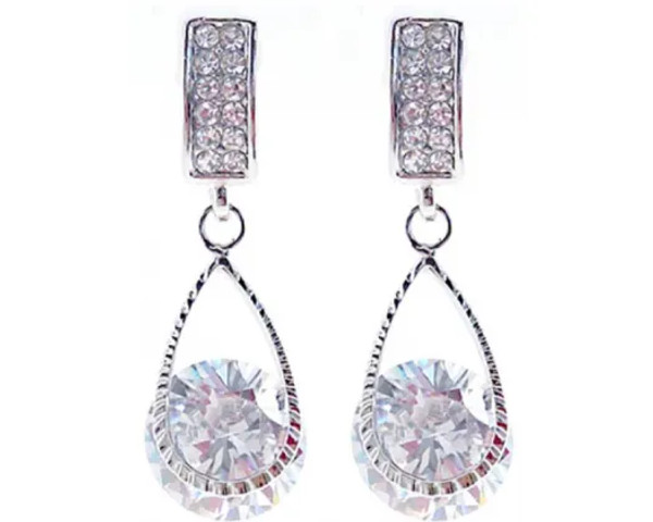 crystal drop earring from silver coloured oblong stud with diamante