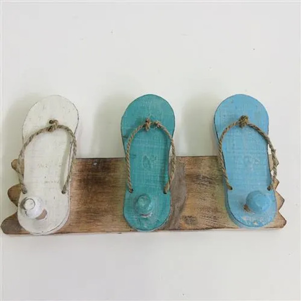 3 x  wooden jandals with hanging hook on wood backing