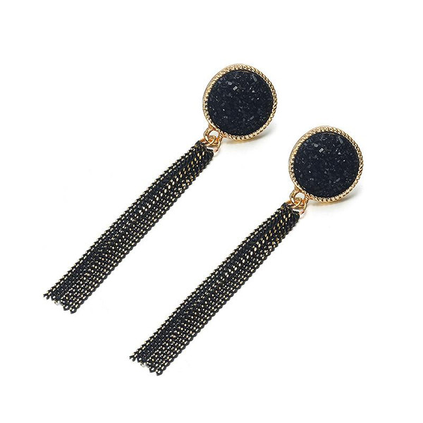 black  on gold coloured round stud with long tassel earrings on posts