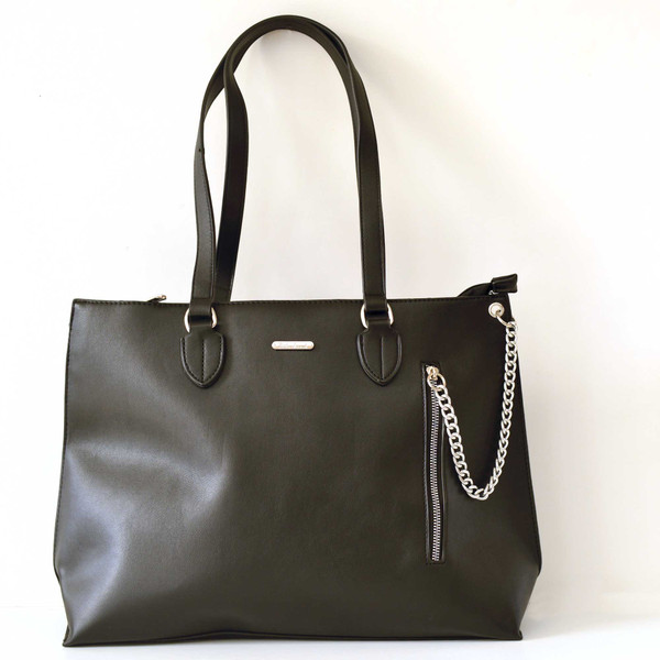 Black double handle shoulder bag with silver chain detail