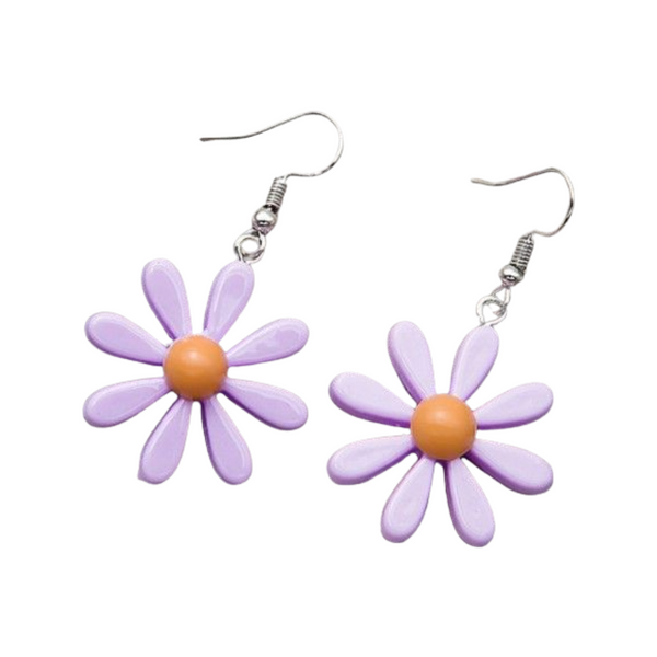 purple daisy with orange centre earrings on hooks