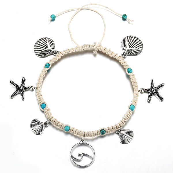 retro style beach themed bead, starfish and shell woven anklet