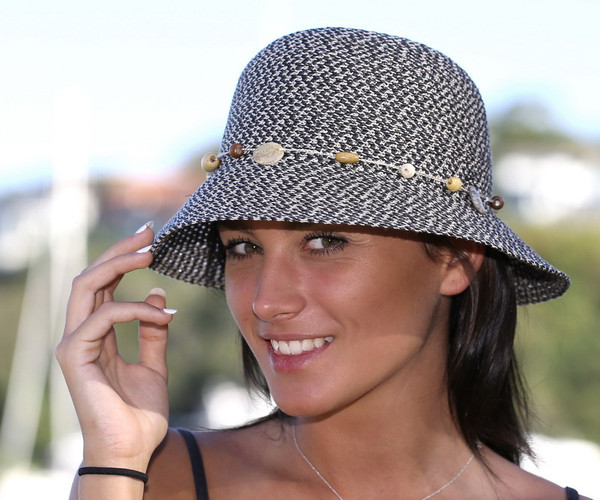 Boho style bucket hat with shell and bead trim - charcoal colour, M size (58cm)