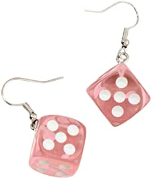 pink transparent dice earrings on hook