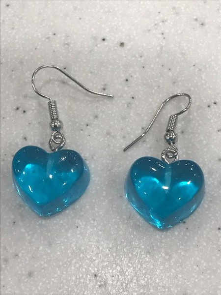Semi transparent 3D blue heart earrings on hooks
