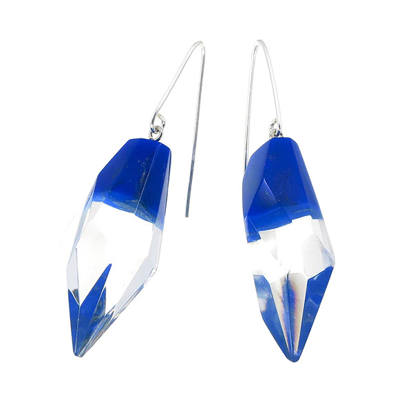 crystal cut resin earrings with blue and gold fleck top on hook