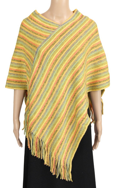 Classic diagonal stripe poncho with tassels - yellow