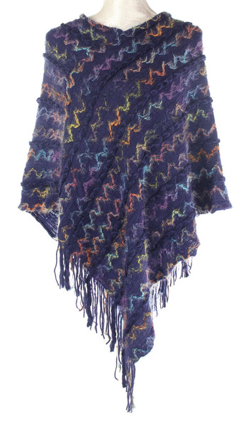 Colourful zigzag stitching navy poncho