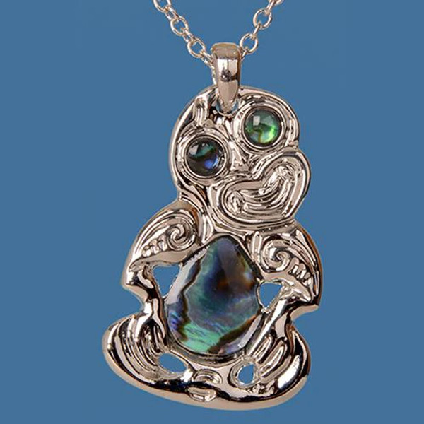 NZ Tiki with Paua Pendant on rhodium plated chain