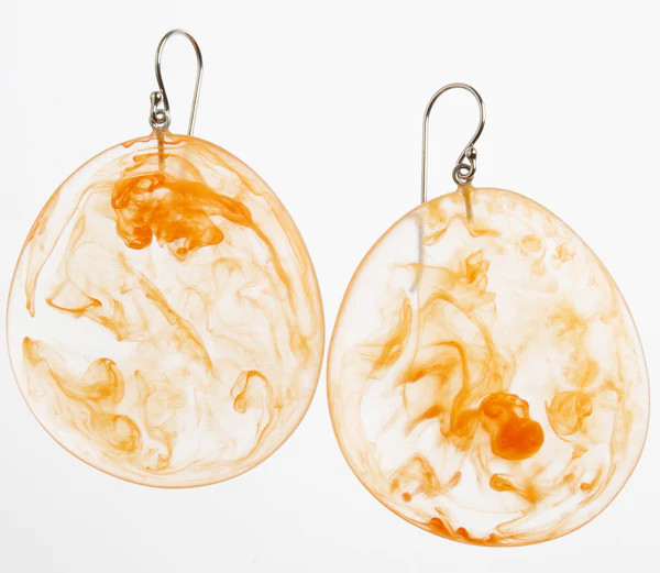 Semi transparent oval resin disc earrings on short hook - orange