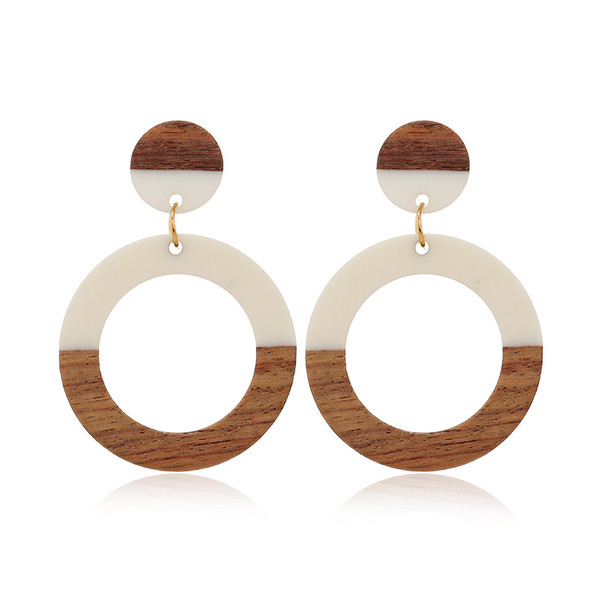 Vintage style wood and white resin circle drop earrings on stud with posts