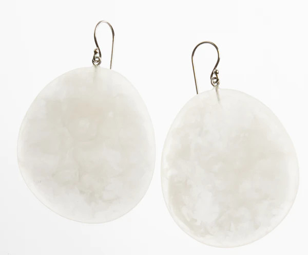 Semi transparent oval resin disc earrings on short hook - white