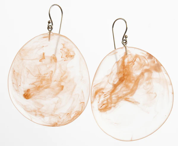Semi transparent oval resin disc earrings on short hook - camel