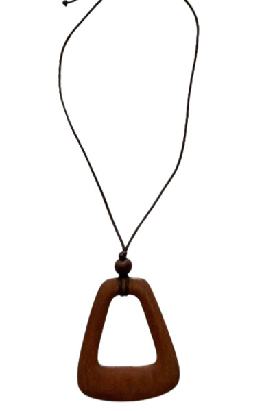 Large wooden geometric hollow shape pendant necklace with adjustable length cord - natural dark wood colour