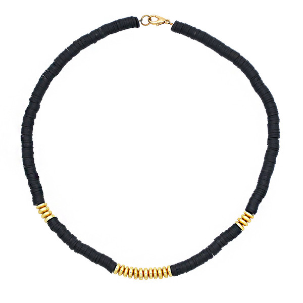 threaded black flat ring necklace with gold coloured hoops