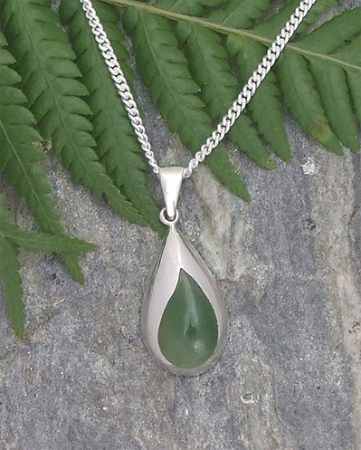 "Te Wai" New Zealand Greenstone and silver drop pendant on chain