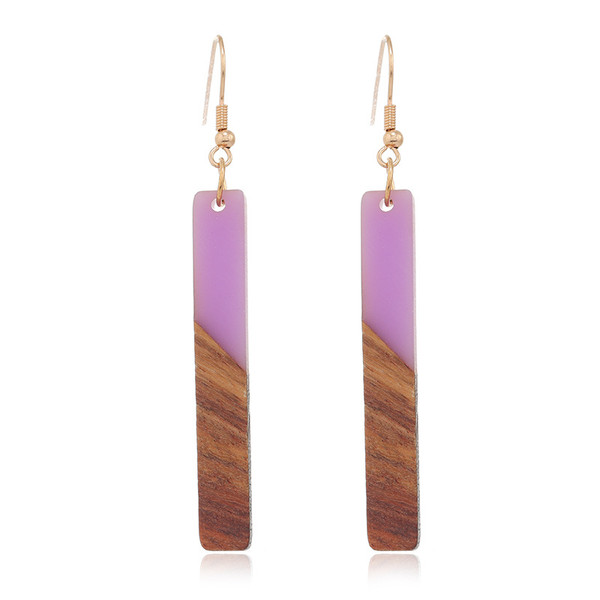 purple resin and wood drop earrings on hook